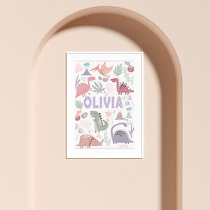 Personligt dinosaurietryck för flickor, rosa dinosaurieposter för barnrum/barnrum/sovrum bild 5