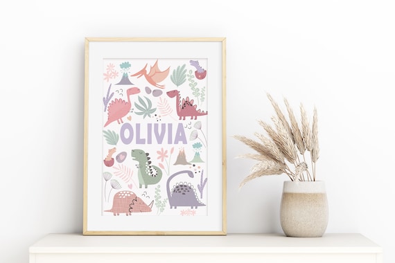 Personalised Girls Dinosaur Print, Pink Dino Poster Nursery Bedroom Wall Art