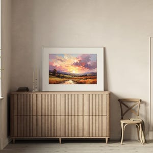 Golden Sunset Landscape Art Print, Naive Illustrative Countryside Poster, Livingroom Wall Art image 3