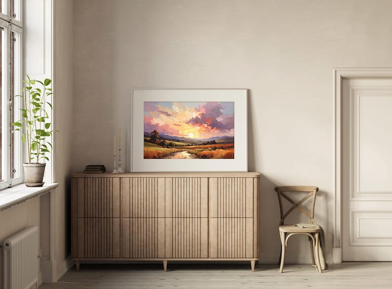 Golden Sunset Landscape Art Print, Naive Illustrative Countryside Poster, Livingroom Wall Art image 3