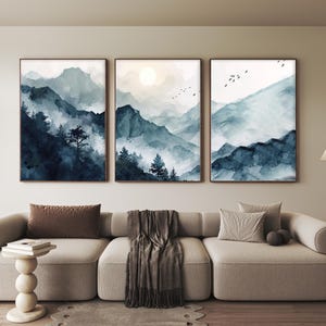 Smoky Mountain Kunstdrucke Landschaft 3er Set Wand Kunst Aquarell Bergtal Malerei Kunst Landschaft Poster Wald Blau Grau Wohnkultur