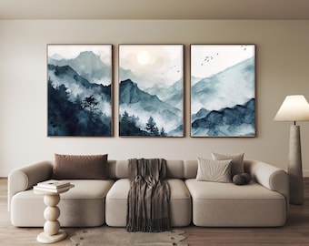Smoky Mountain Art Prints Landscape Set Of 3 Wall Art Watercolor Mountain Valley Painting Art Landscape Poster Forest Blue Grey Home Decor