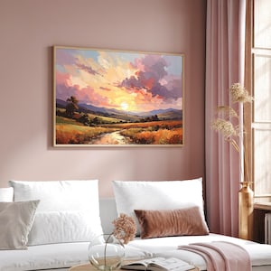 Golden Sunset Landscape Art Print, Naive Illustrative Countryside Poster, Livingroom Wall Art image 4