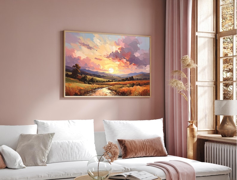 Golden Sunset Landscape Art Print, Naive Illustrative Countryside Poster, Livingroom Wall Art image 4