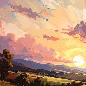 May include: Impressionistic landscape painting depicting a sunset over rolling hills. The sky is filled with textured brushstrokes of pink, orange, and yellow, with hints of blue and purple. A large sun is setting over the horizon.