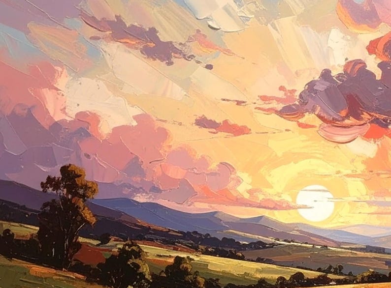 May include: Impressionistic landscape painting depicting a sunset over rolling hills. The sky is filled with textured brushstrokes of pink, orange, and yellow, with hints of blue and purple. A large sun is setting over the horizon.