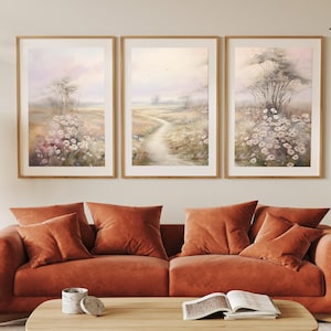Neutral Painted Landscape Picture Set Of 3 Country Scene Wall Art Countryside Art Print Tree Flower Painting Poster Neutral Beige Home Decor