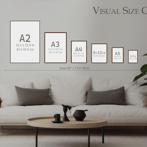 May include: A visual size guide displays framed art prints in various sizes, including A2 (16.5 x 23.4 inches), A3, A4, 8x10 inches, A5, and 5x7 inches. The text "VISUAL SIZE GUIDE" is at the top.