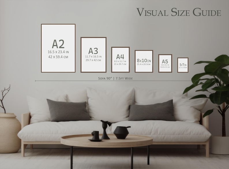 May include: A visual size guide displays framed art prints in various sizes, including A2 (16.5 x 23.4 inches), A3, A4, 8x10 inches, A5, and 5x7 inches. The text "VISUAL SIZE GUIDE" is at the top.