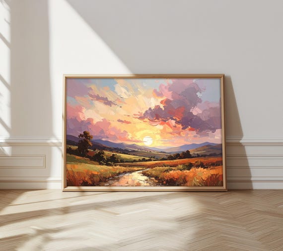 Golden Sunset Landscape Art Print, Naive Illustrative Countryside Poster, Livingroom Wall Art