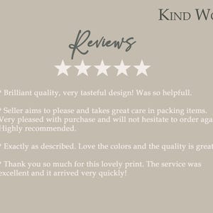 May include: A beige background with the text "Reviews" in a handwritten font, five white stars, and the words "Kind Words" at the top. Below are customer reviews praising the quality and service.