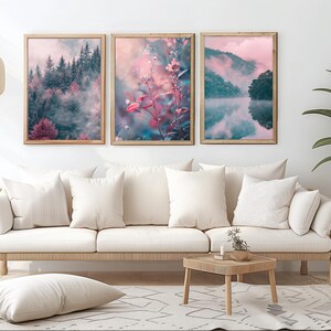 Landschaft Natur Art Prints 3er Set Rosa Grün Wand Kunst Baum Naturfotografie See Berge Kunst Bäume Wald Poster Natural Home Decor