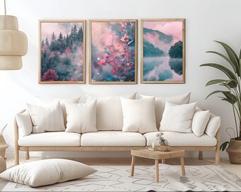 Landscape Nature Art Prints Set Of 3 Pink Green Wall Art Tree Nature Photograph Lake Mountain Art Trees Forest Poster Natural Home Decor