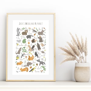Poster con animali del bosco, stampa personalizzata con alfabeto, decorazione da parete per cameretta dei bambini, poster con alfabeto per sala giochi e stampe di animali, arte dell'alfabeto per bambini