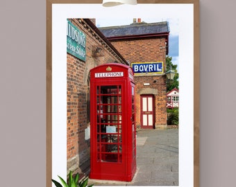 Red Telephone Box Print: Vintage British Railway Station Photo