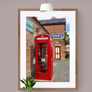Red Telephone Box Print, Phone Box Photo, Telephone in Vintage British Railway Station Photo