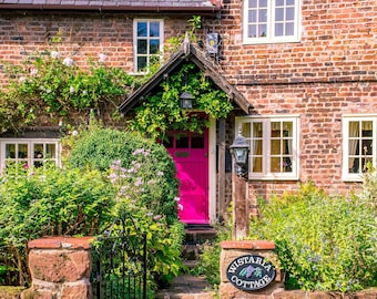 Old English Cottage Print, English Country House with Pink door, England Photography Wall Art