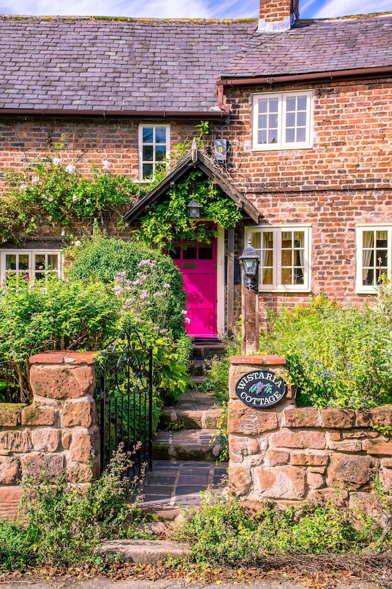 Old English Cottage Print, English Country House With Pink Door