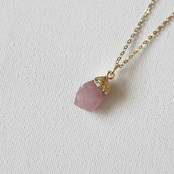 Raw Rose Quartz Necklace/Natural Stone Pendant/Layering Necklace/Healing Crystal/Love Stone/Gift/Birthstone/Charm/14K Gold Plated Chain