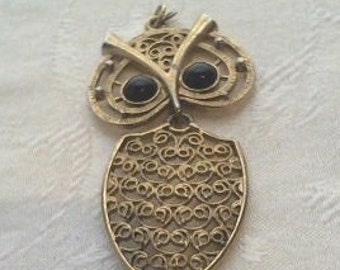 Vintage Sarah Coventry Owl Pendant/Large Gold Tone Owl Pendant with Three Sections/4" long/1970s/Retro