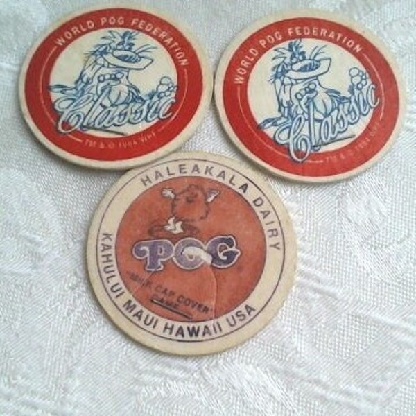 Vintage (Lot of 3) POGS Two World Pog Federation (WPF) Red CLASSIC/One Haleakala Dairy Kahului Maui Hawaii Milk Cap/1990s/Staple/Rare