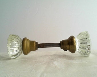VINTAGE Pair of Clear Crystal Glass Doorknobs on Brass Spindle/Salvaged Set of 12 Point Crystal Glass Doorknobs with Set Screws/1940s