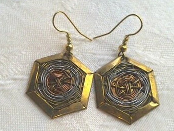 Vintage Copper Coiled Pierced Wire Earrings/Geome… - image 1