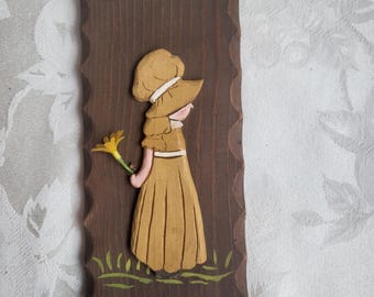 Vintage Charming Holly Hobbie Hand Carved Scalloped Rectangle Hanging Wood Plaque/Decorative Retro Wall Art/Collectible/1970s