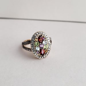 Vintage Oval Multi-Gemstone and Diamond Ring Vermeil over Sterling Silver/Garnet/Blue Topaz/Peridot /Amethyst/Citrine/Genuine Diamond Halo