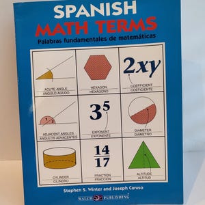 May include: A blue poster with the title "Spanish Math Terms" and illustrations of various geometric shapes and mathematical concepts. The poster includes Spanish translations for terms like "acute angle", "hexagon", "coefficient", "exponent", "diameter", "cylinder", "fraction", and "altitude".