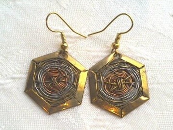 Vintage Copper Coiled Pierced Wire Earrings/Geome… - image 2