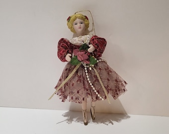 VINTAGE Porcelain Ballerina in Satin Lace Maroon Gold Two Layer Netting Tutu/Pearl Beads/Satin Maroon Pantaloons/Holiday Ornament/Rare Find