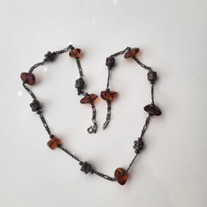 Antique 8 Amber Nuggets on Sterling Silver (.925) Necklace/Chunky Barrel shaped sterling silver beads/Made in Italy/Tested/Unique/Rare Find