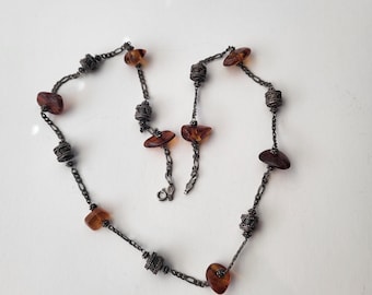 Antique 8 Amber Nuggets on Sterling Silver (.925) Necklace/Chunky Barrel shaped sterling silver beads/Made in Italy/Tested/Unique/Rare Find