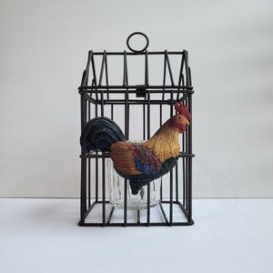 Vintage Rustic Metal Hanging Rooster Cage with a Clear glass votive candle holder/Plastic Colorful Rooster/Country Farm Barn Chicken Decor