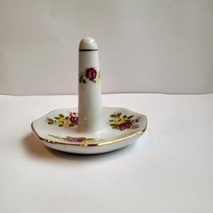 VINTAGE Porcelain Floral with Gold Trim Ring Holder/Beautiful Flowered Jewelry Trinket Dish/Dark Pink and Yellow Roses/Ring Dish/1970s/China