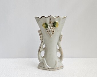 Vintage Porcelain Bud Vase Made in Japan/Handles on both sides/Grape Cluster Design embossed with gold trim/Elegant 4.25" Tall Bud Vase/Rare