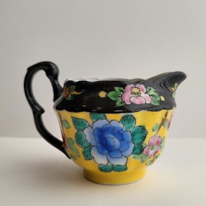 Vintage Small Beautiful Japanese Floral & Bird Hand Painted Bright Multicolor Porcelain Creamer Bowl with Handle/Asian Art/Japanese Culture