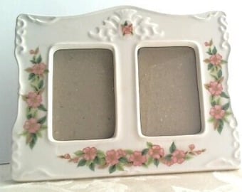 VINTAGE Victorian Style Ceramic White with Floral design Double 3&quot; x 2&quot; Photo Picture Frame/Pink Roses with Green Foliage/1980s/Sweet Frame