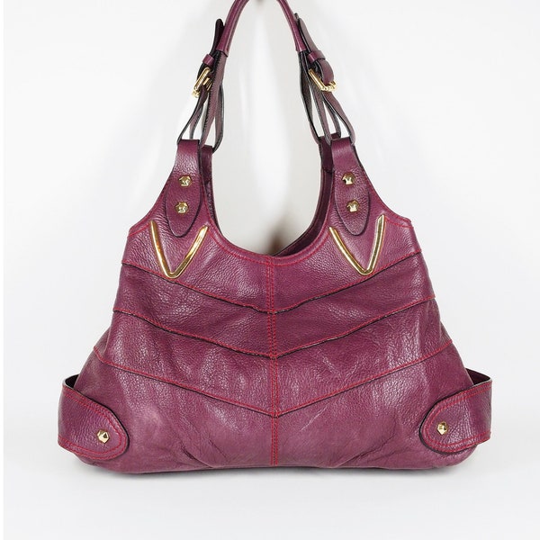 Oryany Purple Genuine Leather Handbag Red Topstitching: hobo tote purse carryall shopper maroon gold-tone Winter Fall Spring roomy oversize