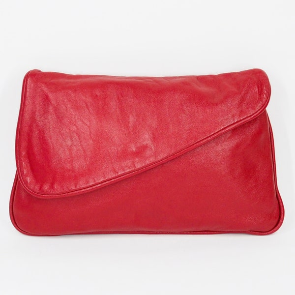 Vintage 70s 80s Italian Red Genuine Leather Asymmetrical Foldover Clutch Handbag: purse retro cherry ruby scarlet bright bold mod rave