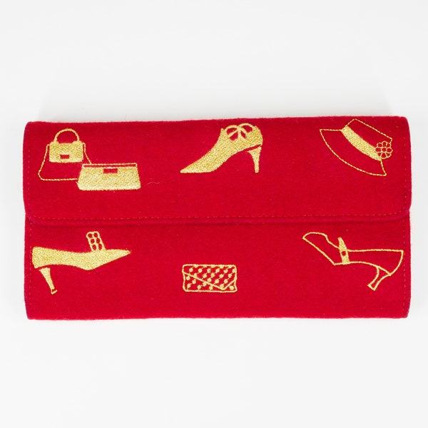 Red Felt Wool Wallet Metallic Gold Embroidery Accessories Shoes Hats Handbags Vintage 80s: pocketbook billfold glam retro accessories