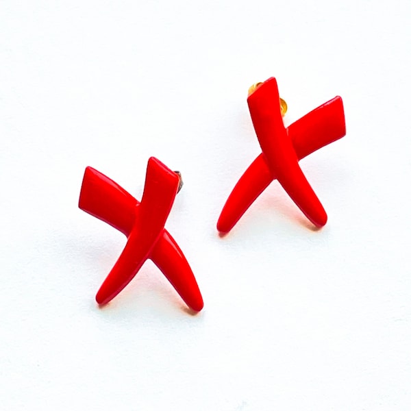 Bright red X shaped earrings: retro vintage 80s new wave pop mod rockabilly festival rave glam bright bold cherry crimson scarlet edgy chic