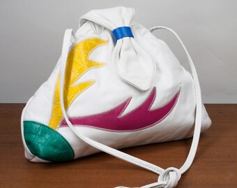 Gary Silverman Genuine Leather Vintage 80s Handbag White Fuchsia Green Blue Yellow: purse shoulder crossbody triangle Memphis-Milano retro