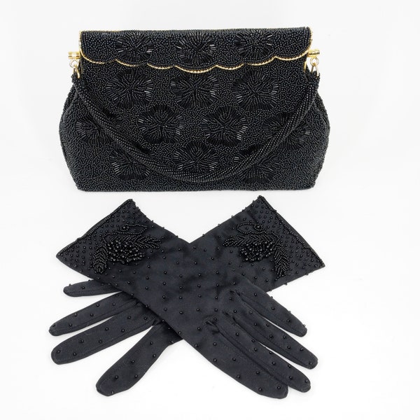 Vintage 50s 60s Black Beaded Handbag with Matching Gloves: purse top handle carryall micro beads floral gold retro mid century modern formal
