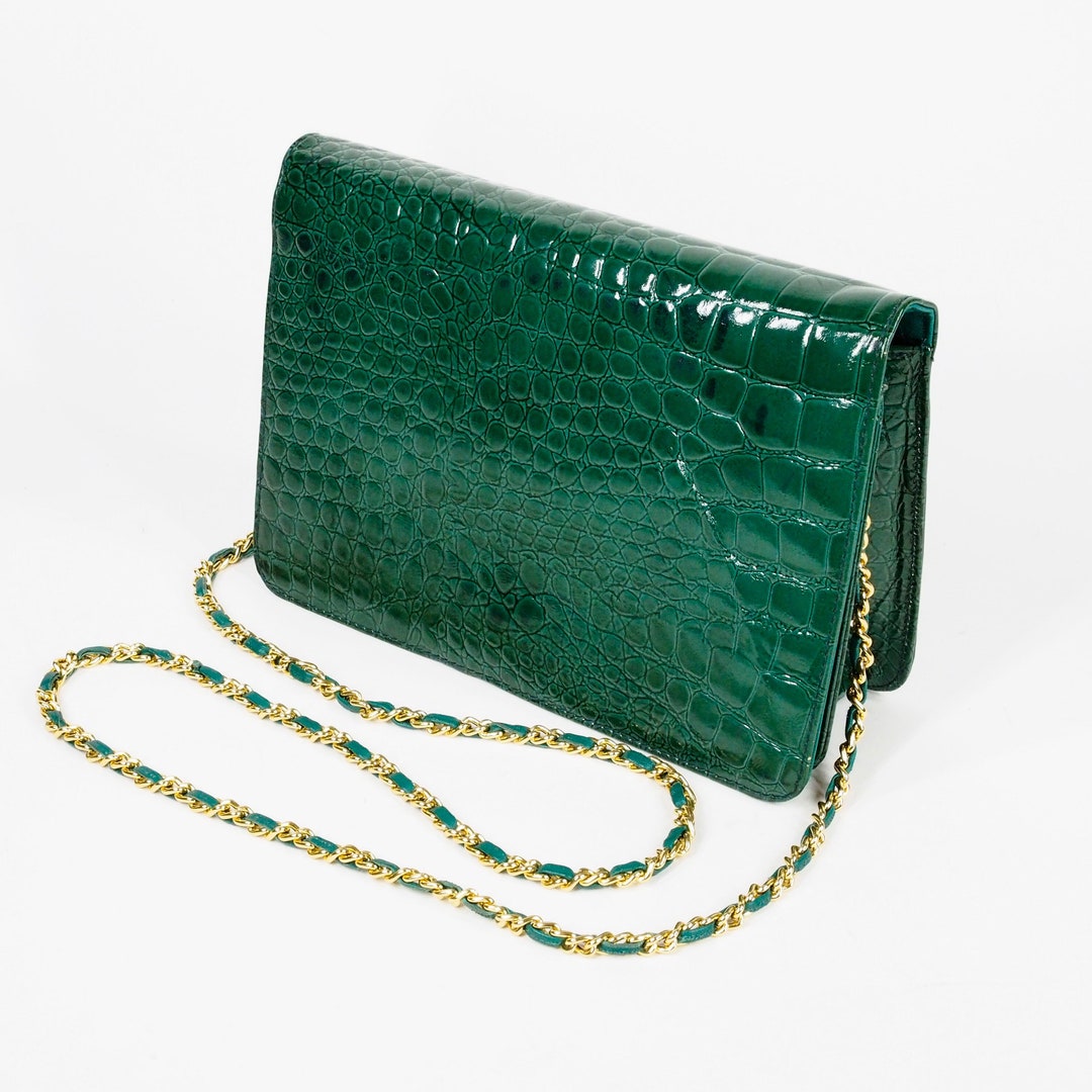 I Magnin Italy Authentic Dark Green Croc Embossed Leather Handbag