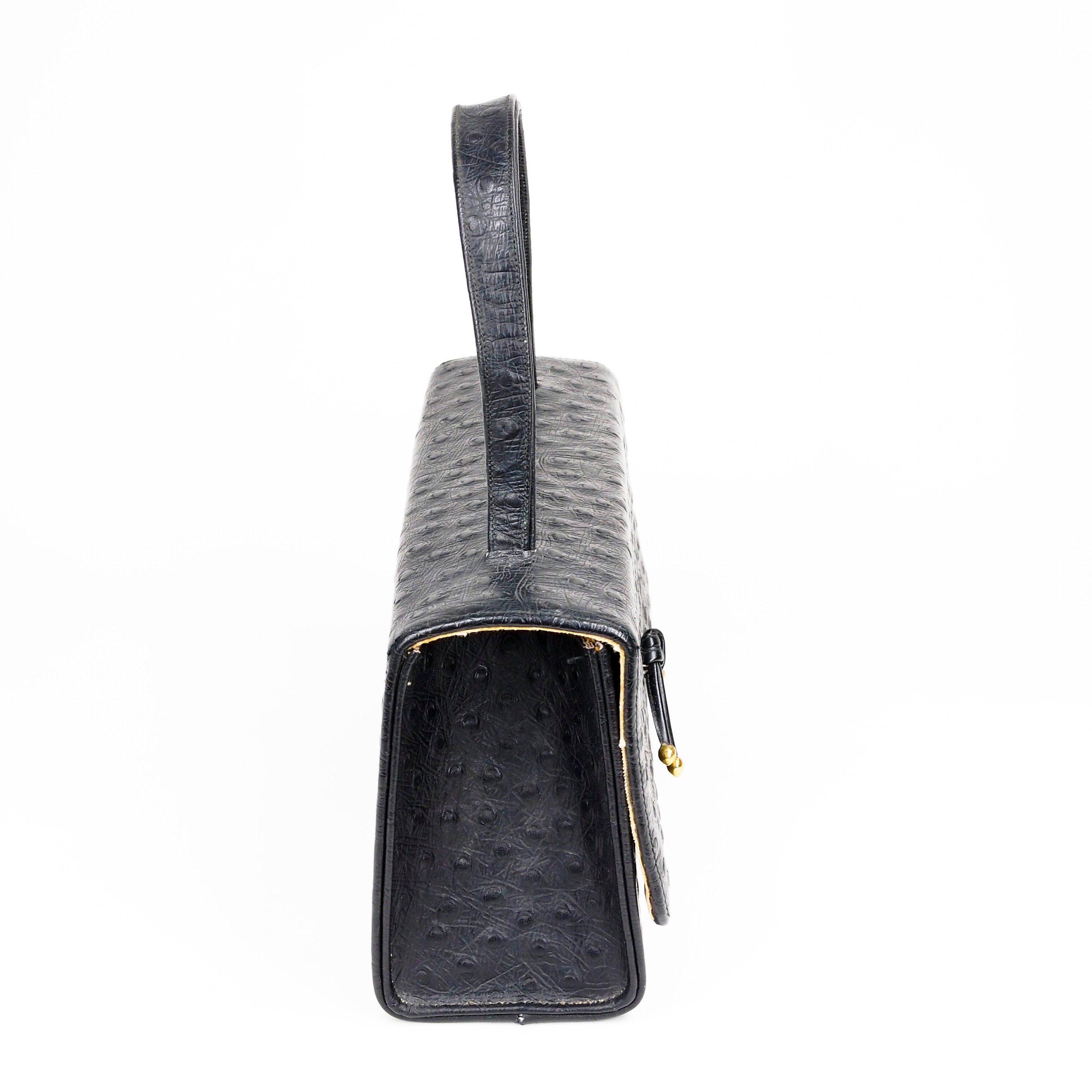 Rare Vintage 50s 60s Hard-Sided Rectangle Box Bag: Black Tassel Accent Ostrich Texture Top Handle Handbag Purse Saddle Mid Century Modern