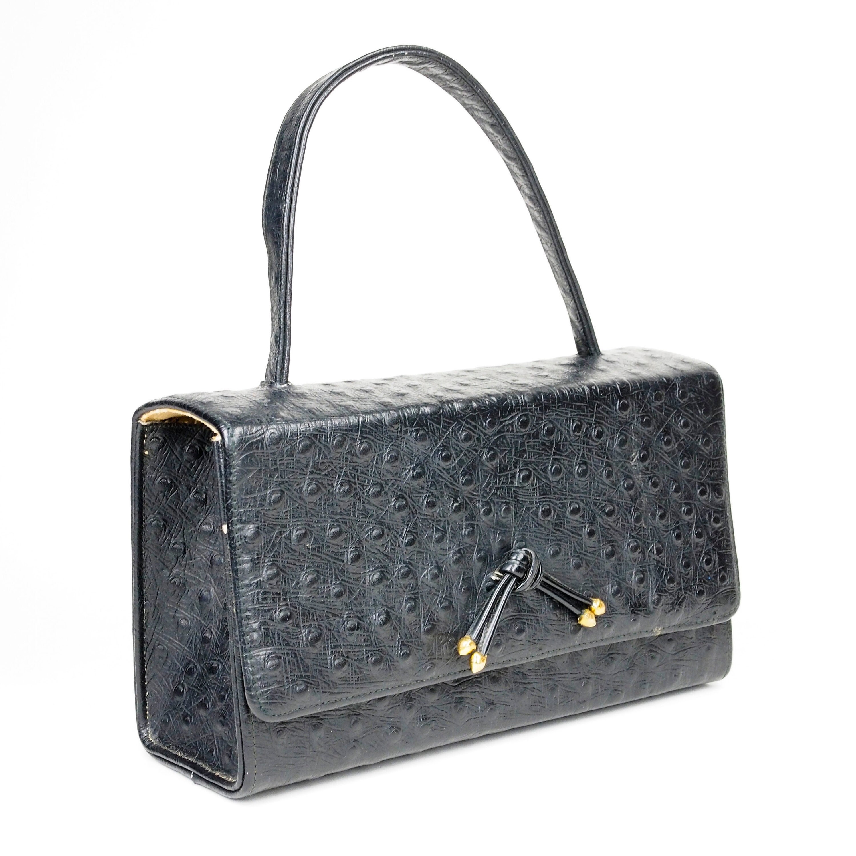 Rare Vintage 50s 60s Hard-Sided Rectangle Box Bag: Black Tassel Accent Ostrich Texture Top Handle Handbag Purse Saddle Mid Century Modern