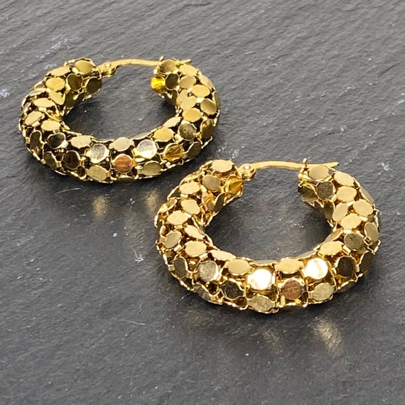 Gold Tone Metal Mesh Hoop Earrings Hinged Vintage… - image 8