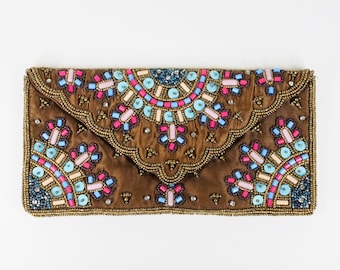 Satin Beaded Envelope Clutch Brown Pink Turquoise Blue Brass Rhinestone